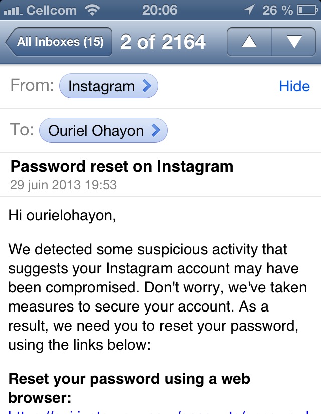 Instagram password reset
