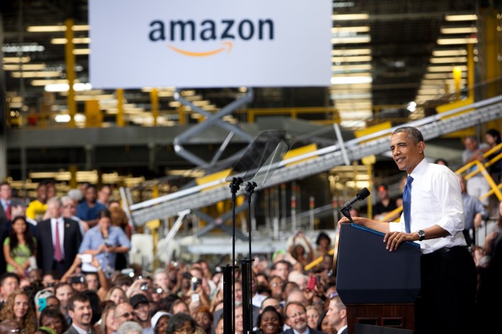 CHATTANOOGA, TN - JULY 30: President Obama makes a speech about the economy and jobs at an Amazon Fulfillment Center in Chattanooga, Tennessee on July 30, 2013. Amazon announced this week that it expected to have 7,000 job openings across the country. (Photo by Jessica McGowan/Getty Images)