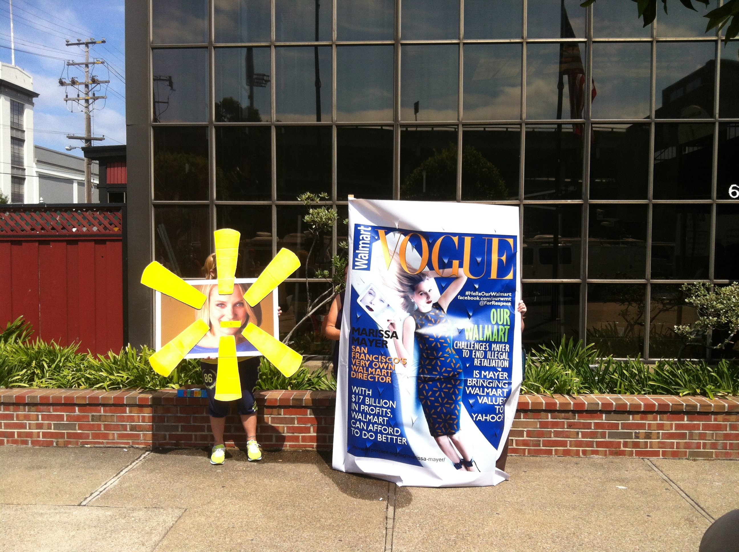 Protestors outside Techcrunch Disrupt appeared to be criticizing Mayer for her board role at Wal-Mart and recent Vogue spread.
